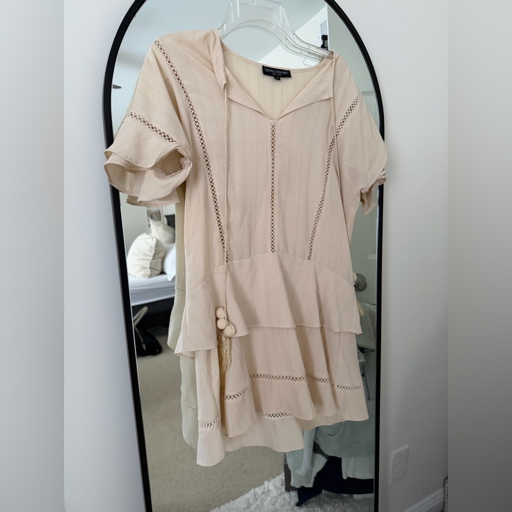 Central Park West Cream Tiered Ruffle Dress with Lace Insets
